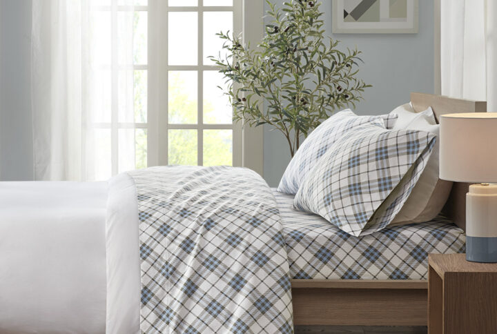 Cozy Flannel Printed Sheet Set in Blue Plaid From True North by Sleep Philosophy