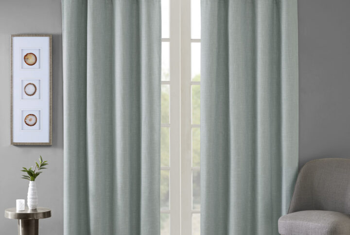 Maya Printed Heathered Blackout Grommet Top Curtain Panel in Dusty Seafoam From SunSmart