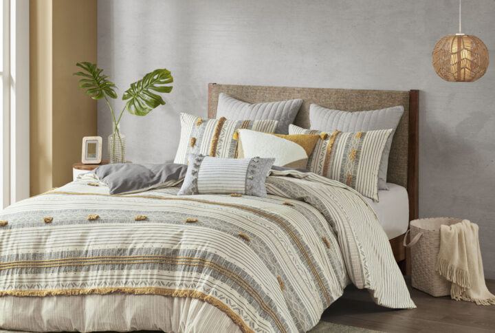 Cody 3 Piece Cotton Duvet Cover Set in Gray/Yellow From INK+IVY