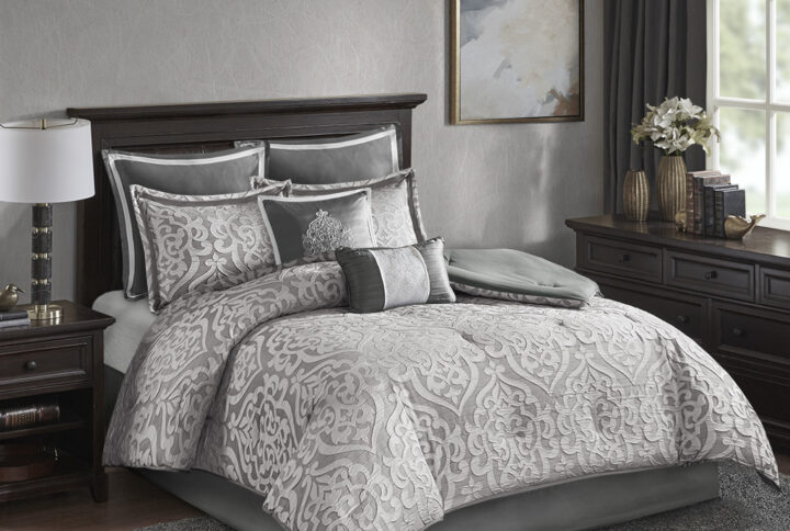 Odette 8 Piece Jacquard Comforter Set in Silver/Silver From Madison Park