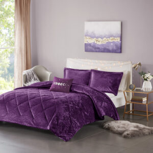 Felicia Velvet Comforter Set with Throw Pillow in Purple From Intelligent Design