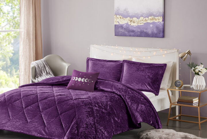 Felicia Velvet Comforter Set with Throw Pillow in Purple From Intelligent Design