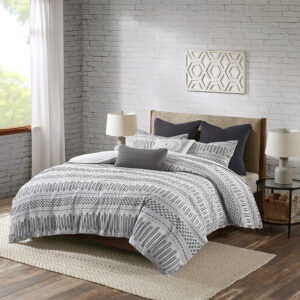 Rhea Cotton Jacquard Duvet Cover Mini Set in Grey/Black From INK+IVY