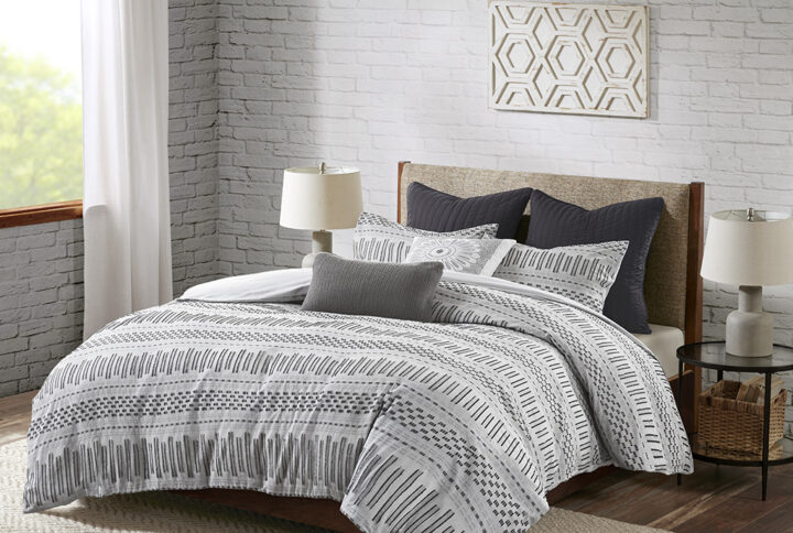 Rhea Cotton Jacquard Duvet Cover Mini Set in Grey/Black From INK+IVY