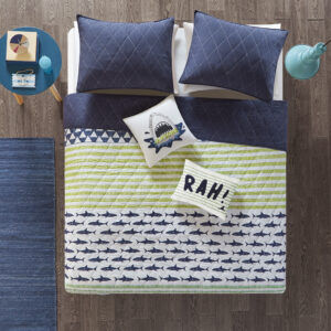 Finn Shark Reversible Cotton Quilt Set with Throw Pillows in Green / Navy From Urban Habitat Kids