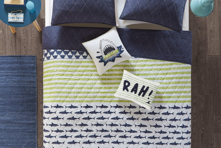 Finn Shark Reversible Cotton Quilt Set with Throw Pillows in Green / Navy From Urban Habitat Kids