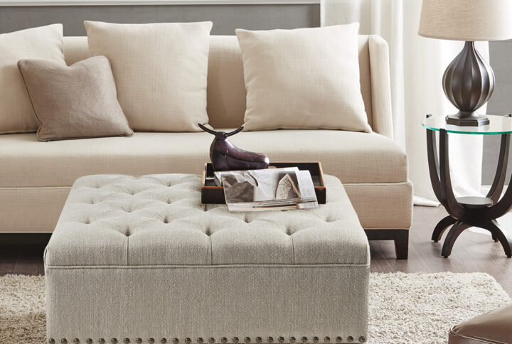 Lindsey Tufted Square Cocktail Ottoman in Taupe From Madison Park