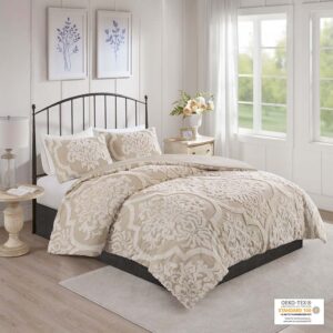 Viola 3 piece Tufted Cotton Chenille Damask Comforter Set in Taupe From Madison Park