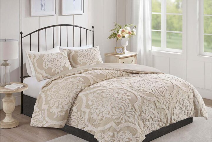 Viola 3 piece Tufted Cotton Chenille Damask Comforter Set in Taupe From Madison Park