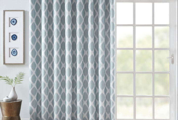 Blakesly Printed Ikat Blackout Patio Curtain in Aqua From SunSmart