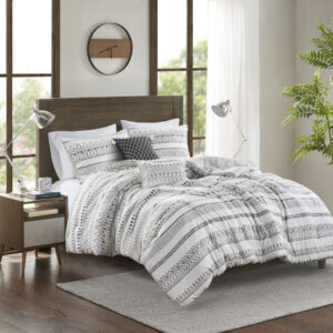 Fraser 5 Piece Printed Seersucker Comforter Set with Throw Pillows in Ivory/Black From Madison Park