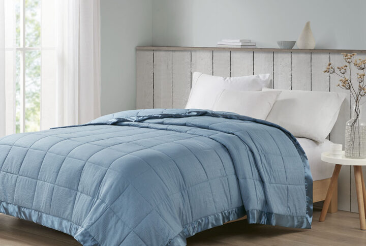 Cambria Oversized Down Alternative Blanket with Satin Trim in Slate Blue From Madison Park