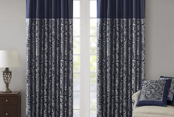 Aubrey Jacquard Curtain Panel Pair in Navy From Madison Park