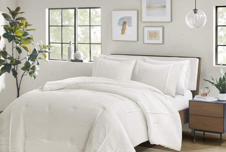 Apollo 3 Piece Striped Seersucker Oversized Comforter Set in Ivory From Beautyrest