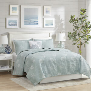 Seaside 4 Piece Cotton Reversible Embroidered Quilt Set with Throw Pillow in Aqua From Harbor House