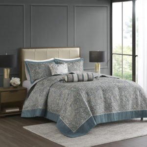 Aubrey 5 Piece Jacquard Bedspread Set with Throw Pillows in Teal From Madison Park