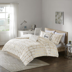 Raina Metallic Printed Duvet Cover Set in Ivory/Gold From Intelligent Design