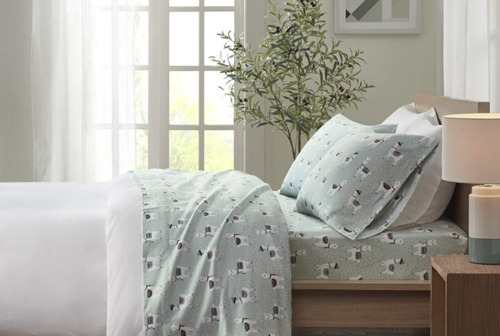 Cozy Flannel Printed Sheet Set in Seafoam Llama From True North by Sleep Philosophy