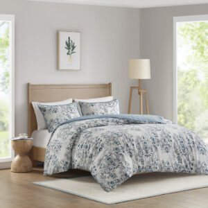 Brielle 3 Piece Floral Printed Cotton Duvet Cover Set in Blue From Madison Park