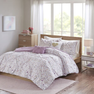 Abby/Lara/Nicole Metallic Printed and Pintucked Comforter in Plum From Intelligent Design