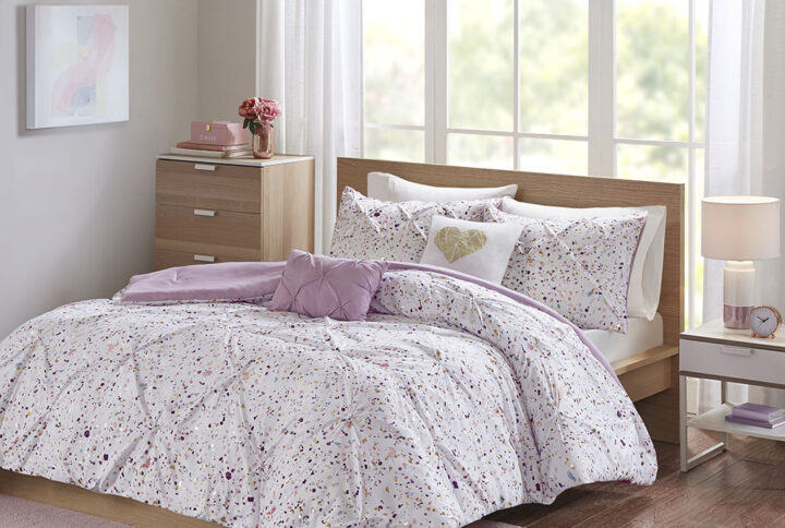 Abby/Lara/Nicole Metallic Printed and Pintucked Comforter in Plum From Intelligent Design