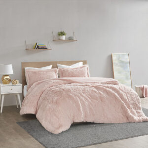 Malea Shaggy Fur Duvet Cover Set in Blush From Intelligent Design