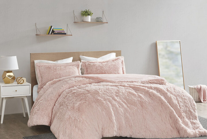 Malea Shaggy Fur Duvet Cover Set in Blush From Intelligent Design