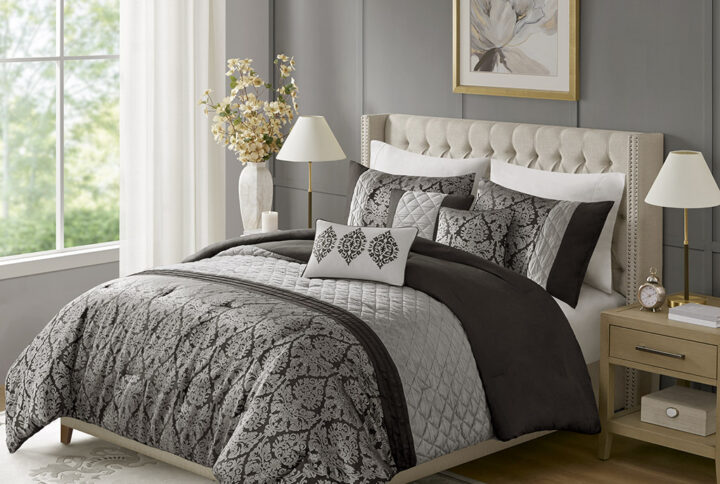 Lily 6 Piece Jacquard Comforter Set with Throw Pillows in Black From Madison Park