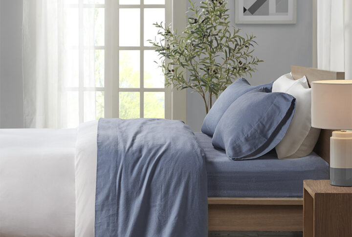 Cozy Flannel Printed Sheet Set in Blue Solid From True North by Sleep Philosophy