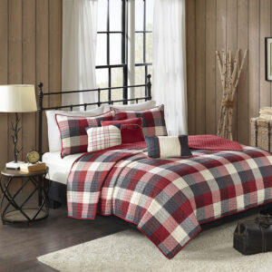 Ridge 6 Piece Printed Herringbone Quilt Set with Throw Pillows in Red From Madison Park