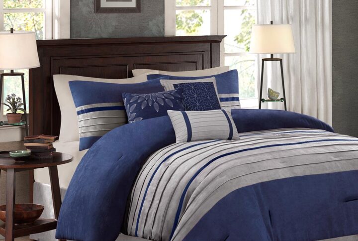 Palmer 7 PC Pieced Faux Suede Comforter Set in Blue From Madison Park