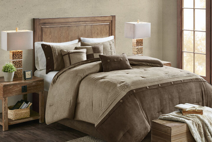 Boone 7 Piece Faux Suede Comforter Set in Brown From Madison Park