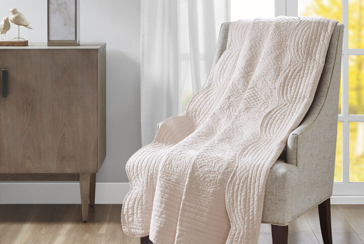 Tuscany Oversized Quilted Throw with Scalloped Edges in Blush From Madison Park