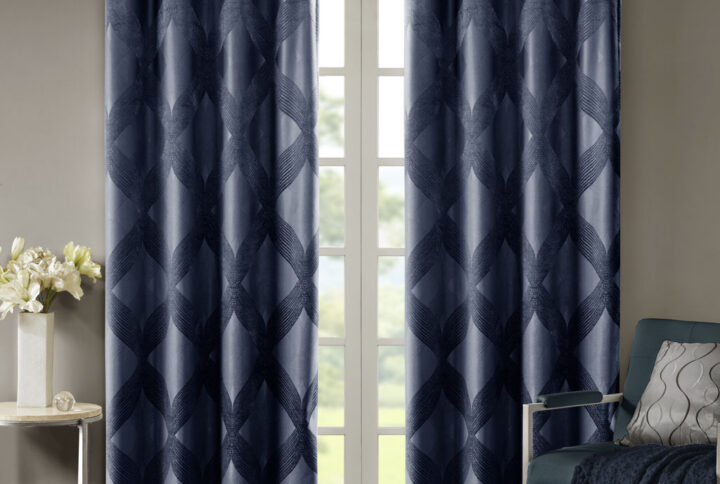 Bentley Ogee Knitted Jacquard Total Blackout Curtain Panel in Navy From SunSmart