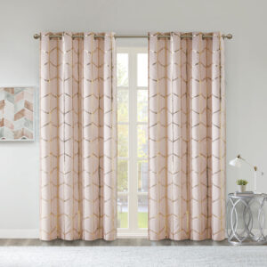 Raina Total Blackout Metallic Print Grommet Top Curtain Panel in Blush/Gold From Intelligent Design