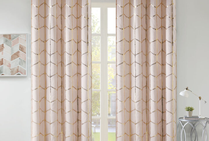 Raina Total Blackout Metallic Print Grommet Top Curtain Panel in Blush/Gold From Intelligent Design