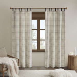 Anaheim Plaid Faux Leather Tab Top Curtain Panel with Fleece Lining in Natural From Madison Park