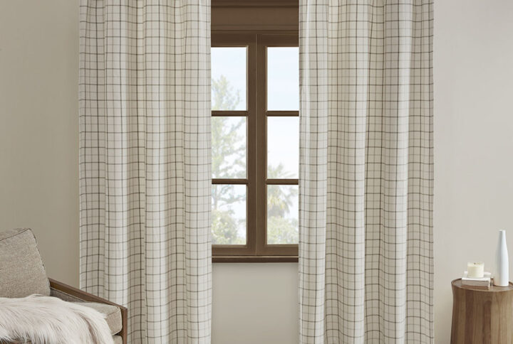 Anaheim Plaid Faux Leather Tab Top Curtain Panel with Fleece Lining in Natural From Madison Park