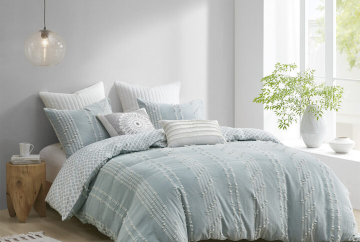 Kara 3 Piece Cotton Jacquard Duvet Cover Set in Aqua From INK+IVY