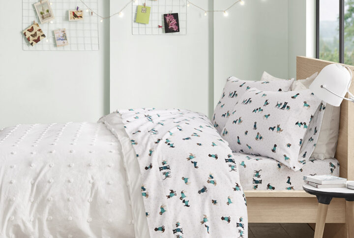 Cozy Soft Cotton Flannel Printed Sheet Set in Teal Dogs From Intelligent Design