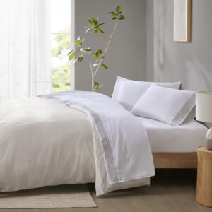 Embroidered Microfiber 4 PC Sheet Set in Taupe Geo From Madison Park