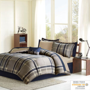 Robbie Plaid Comforter Set with Bed Sheets in Navy Multi From Intelligent Design