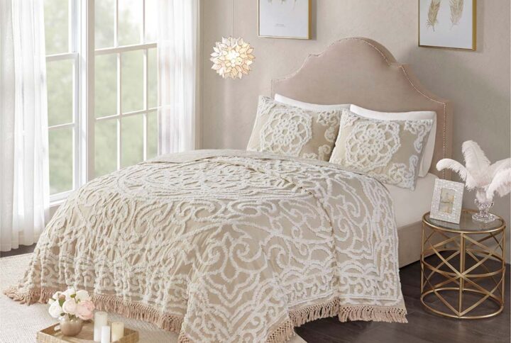 Laetitia Tufted Cotton Chenille Medallion Fringe Coverlet Mini Set in Taupe From Madison Park