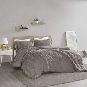 Malea Shaggy Fur Duvet Cover Set in Grey From Intelligent Design