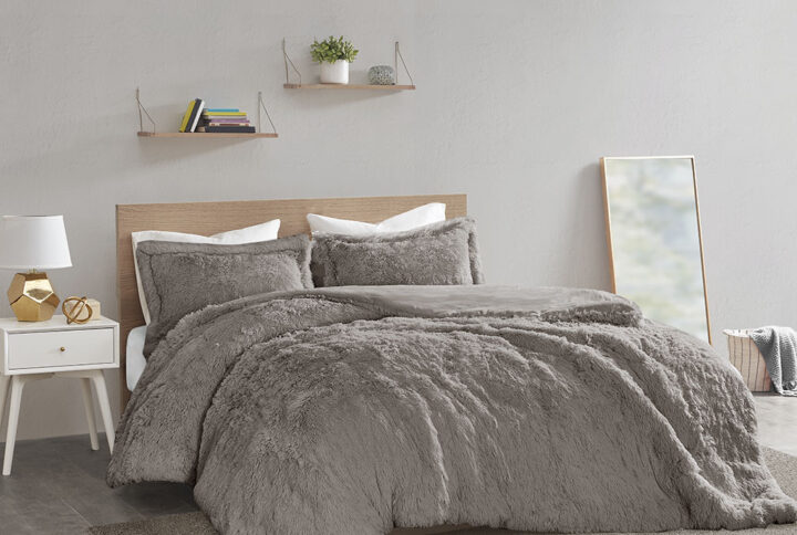 Malea Shaggy Fur Duvet Cover Set in Grey From Intelligent Design