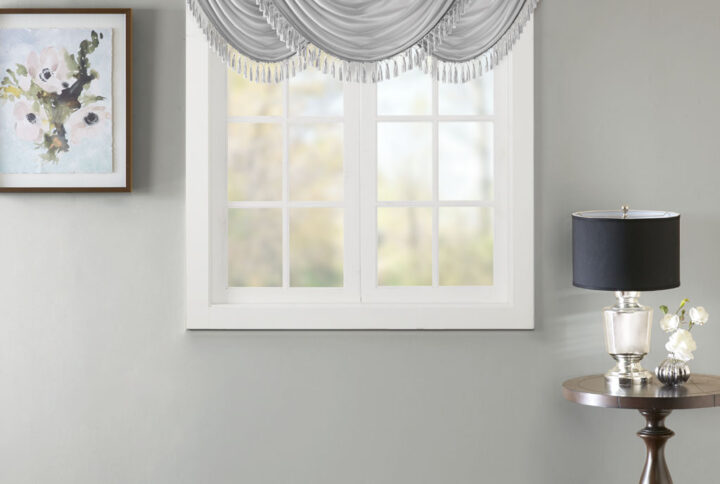 Elena Faux Silk Waterfall Embellished Valance in Silver From Madison Park