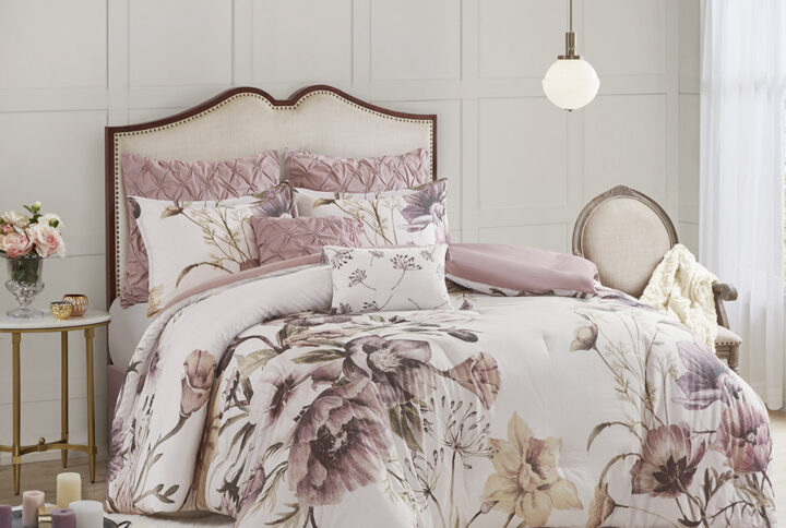 Cassandra 8 Piece Cotton Printed Comforter Set in Blush From Madison Park