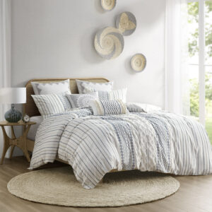 Imani Cotton Printed Duvet Cover Set with Chenille in White/Navy From INK+IVY