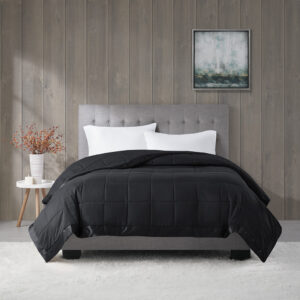 Windom Lightweight Down Alternative Blanket with Satin Trim in Black From Madison Park