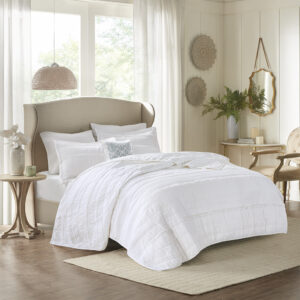 Celeste 4 Piece Microfiber Reversible Ruffle Quilt Set with Throw Pillow in White From Madison Park